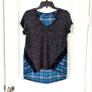 2/$10🔥Grey Blue Plaid Casual Blouse Top with Lace Detail Size Small